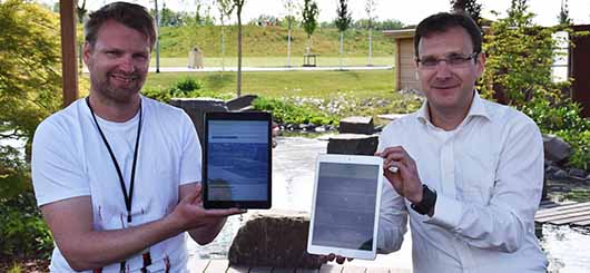 Andreas Iland, Prokurist der Landesgartenschau Kamp-Lintfort 2020 (links) und Mark Hakim, Geschäftsführer Qosmotec Andreas Iland, Prokurist der Landesgartenschau Kamp-Lintfort 2020 (links) und Mark Hakim, Geschäftsführer Qosmotec